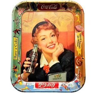 Vintage Coca Cola Serving Tray Retro Woman Holding Bottle Collectible Metal